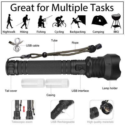 Linterna LED Telescópica XHP70 con Carga USB y Zoom Ajustable - Image 14