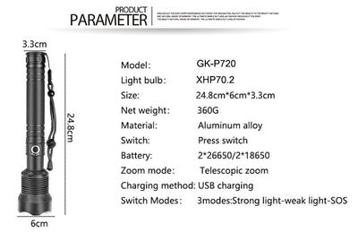Linterna LED Telescópica XHP70 con Carga USB y Zoom Ajustable - Image 26