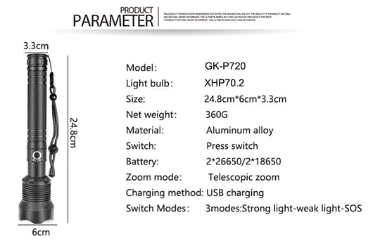 Linterna LED Telescópica XHP70 con Carga USB y Zoom Ajustable - Image 26