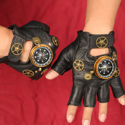 Guantes Steampunk de Cuero Vintage con Brújula - Estilo Retro Medio Dedo - Image 12