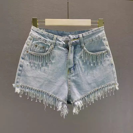 Short Denim Cintura Alta con Brillantes y Flecos - Image 7
