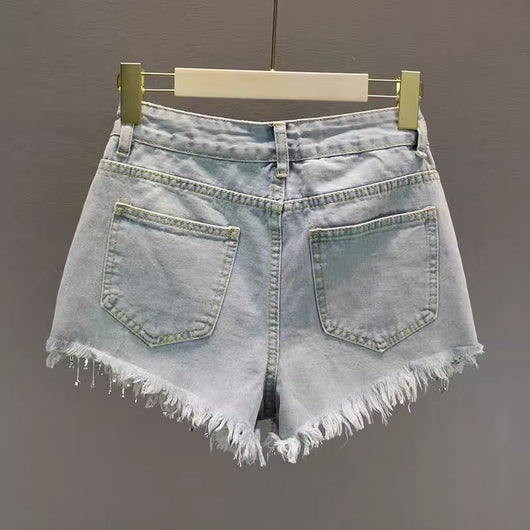 Short Denim Cintura Alta con Brillantes y Flecos - Image 8