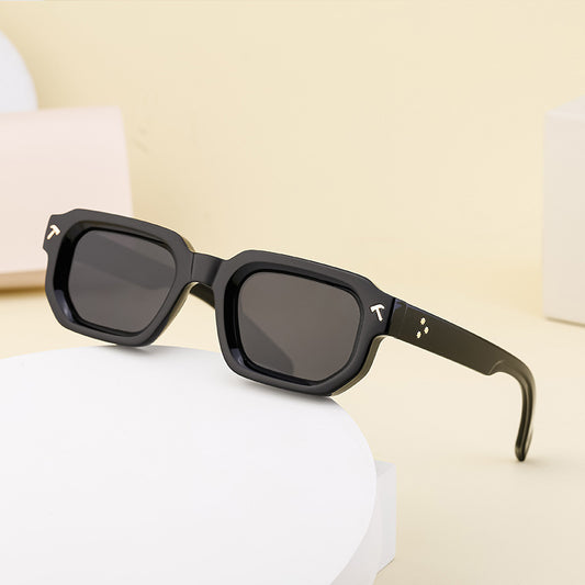 Men's square frame sunglasses with a two-tone brown and black frame, dark green lenses, and tortoise shell temples.