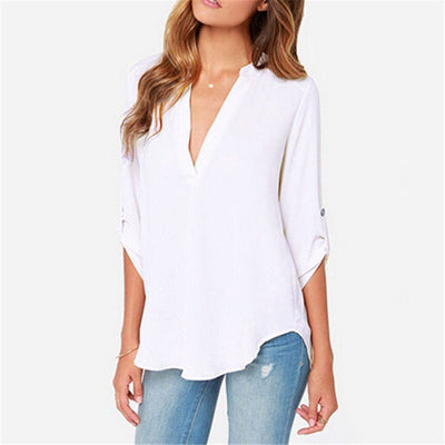 Blusa Holgada de Gasa con Cuello en V y Mangas Fruncidas Talla Grande - Image 8