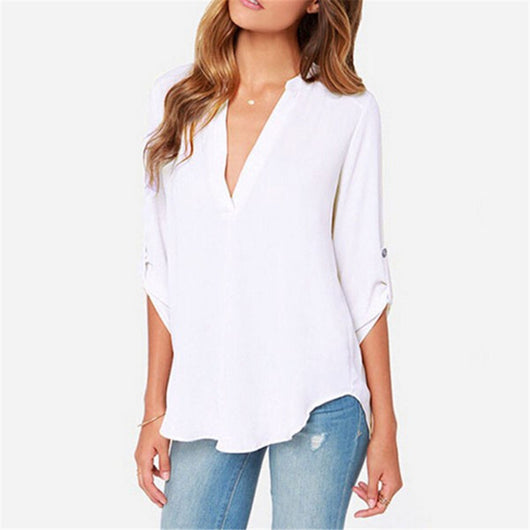 Blusa Holgada de Gasa con Cuello en V y Mangas Fruncidas Talla Grande - Image 8