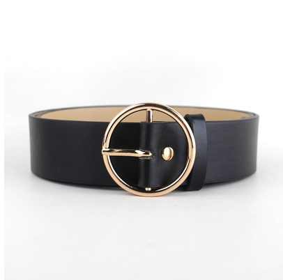 Black faux-leather women's belt with a shiny gold-tone round pin buckle, displayed on a white background. - Image 14