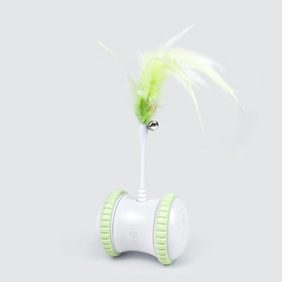 Purple and white interactive cat toy ball with a black wand and fluffy purple feathers. - Image 8