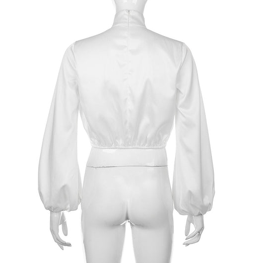 Blusa Cuello Alto con Mangas Abullonadas y Acabado Satinado - Image 10