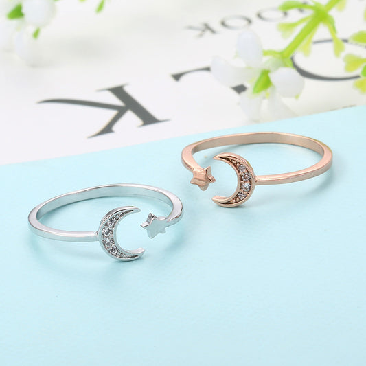 Anillo Abierto de Oro Rosado con Luna y Estrella para Mujer - Cristal Cubic Zirconia