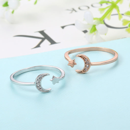 Anillo Abierto de Oro Rosado con Luna y Estrella para Mujer - Cristal Cubic Zirconia