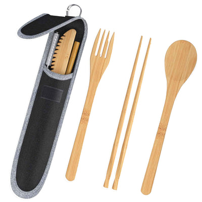 Set de Cubiertos Portátil de Bambú con Pajita Acero Inoxidable y Palillos