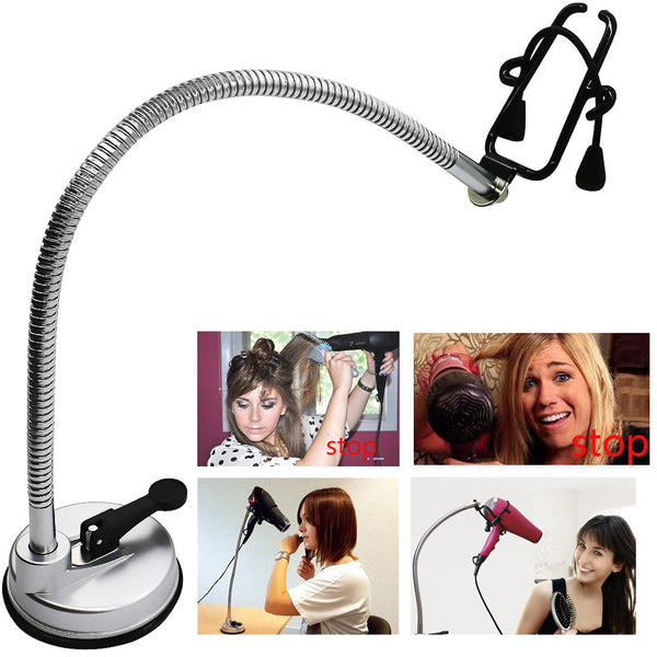 Hands-free hair dryer holder with a flexible silver gooseneck arm and a black suction cup base, holding a black hair dryer.