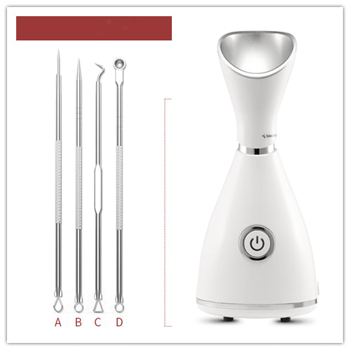 White facial steamer with a silver-toned steam nozzle and a prominent power button on the front, designed for home skincare. - Image 10