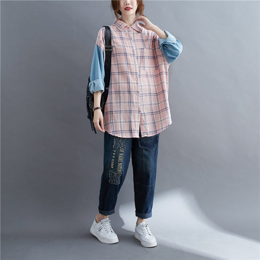 Camisa Oversized de Patchwork Manga Larga Suelta - Image 9