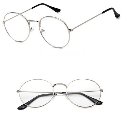 Round clear lens glasses with silver metal frames and black temple tips, shown from an angled and front view. - Image 12