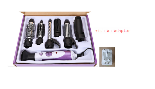 Seven-in-one hair dryer set with white and purple main unit and multiple black styling attachments in an open box. - Image 6