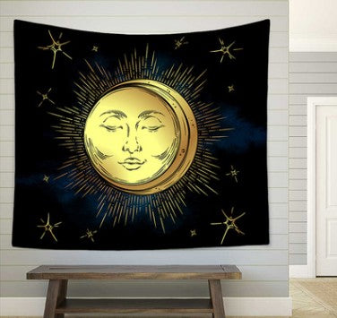 Bohemian sun and moon tapestry with a celestial pattern of golden suns and crescent moons on a dark blue background. - Image 20