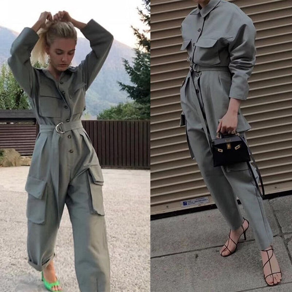 Overol Largo Tipo Camisa con Cintura Ajustada y Piernas Anchas para Mujer