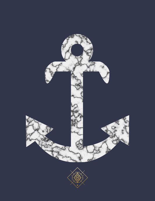 White marble pattern anchor tapestry on a dark blue background with a small gold geometric logo at the bottom.
