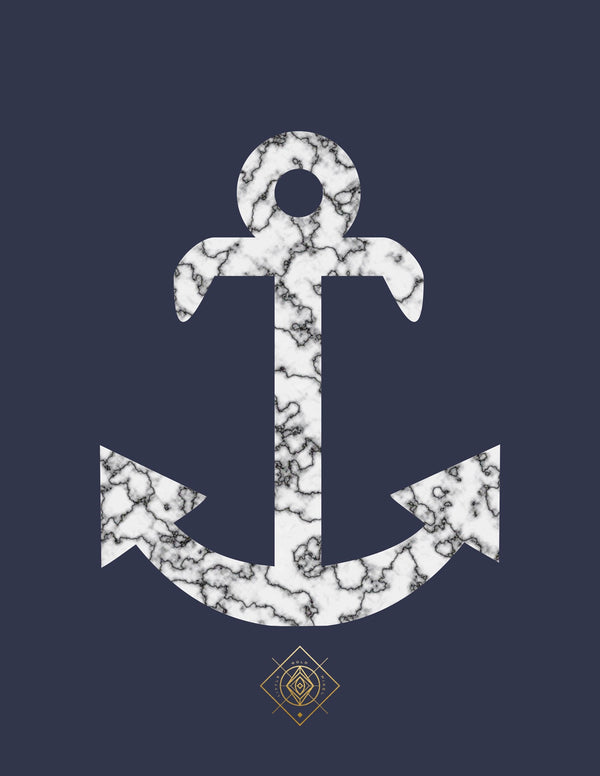 White marble pattern anchor tapestry on a dark blue background with a small gold geometric logo at the bottom.