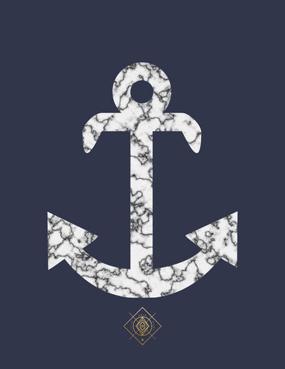 White marble pattern anchor tapestry on a dark blue background with a small gold geometric logo at the bottom.