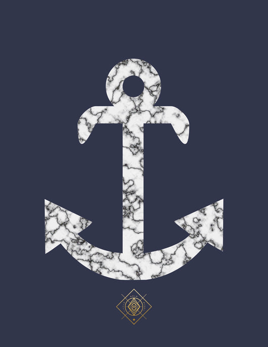 White marble pattern anchor tapestry on a dark blue background with a small gold geometric logo at the bottom.