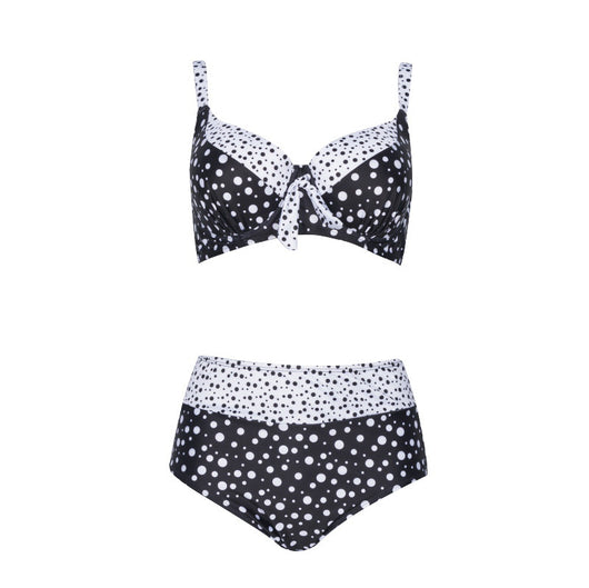Retro black and white polka dot bikini with a tie-front top and high-waisted bottom.
