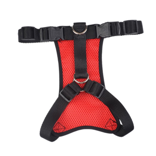 Red and black mesh pet harness with adjustable straps and metal D-rings for dog walking or car travel. - Image 6