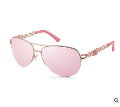 Women's pilot sunglasses with rose gold frames, pink mirrored lenses, and chain-link detail on the temples. - Image 4