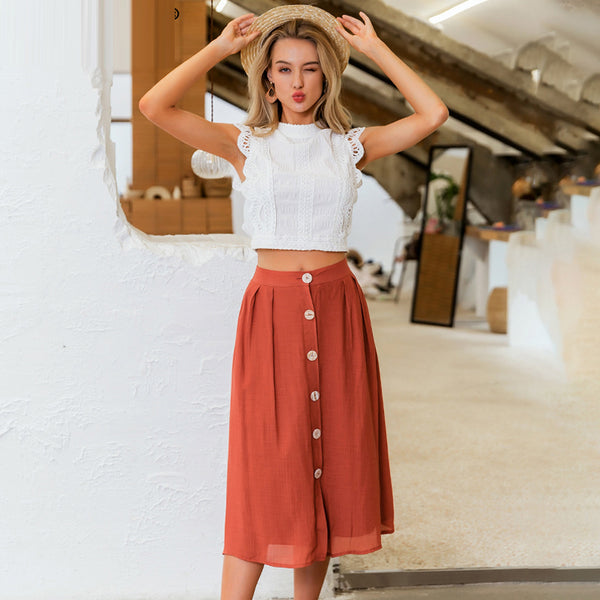 Falda Midi de Algodón y Lino Color Ladrillo - Corte Alto Casual