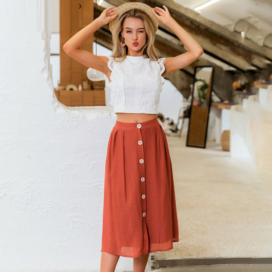 Falda Midi de Algodón y Lino Color Ladrillo - Corte Alto Casual