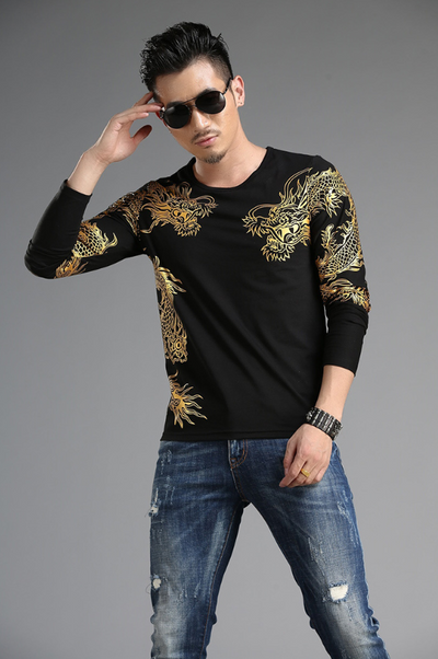 Playera Manga Larga Cuello Redondo Estilo Chino Dragón 3D Slim Fit - Image 4