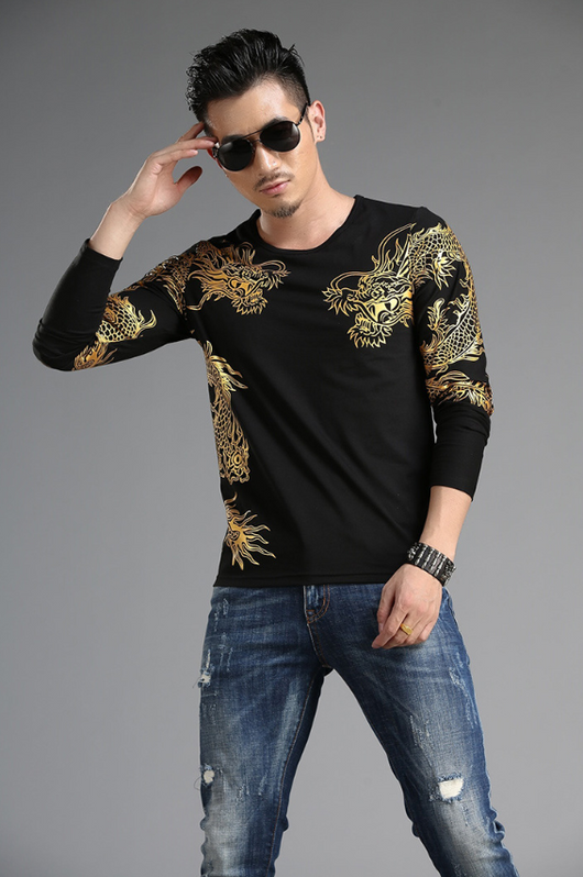 Playera Manga Larga Cuello Redondo Estilo Chino Dragón 3D Slim Fit - Image 4