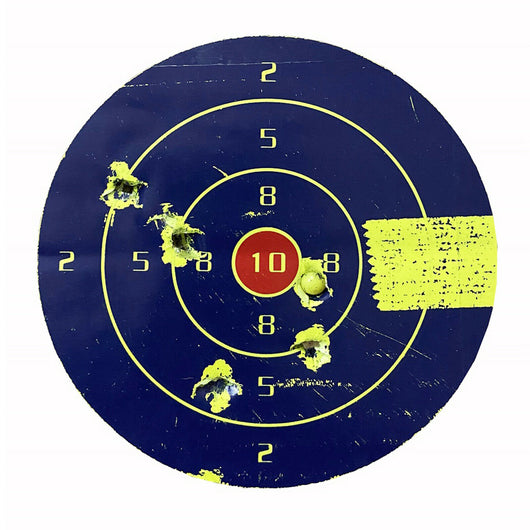 Roll of dark blue shooting target stickers with fluorescent yellow rings and numbers, and a red bullseye. - Image 5