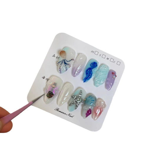 Uñas Postizas Artesanales Mundo Submarino Feliz Blanco - Manicura Larga Avanzada - Image 5