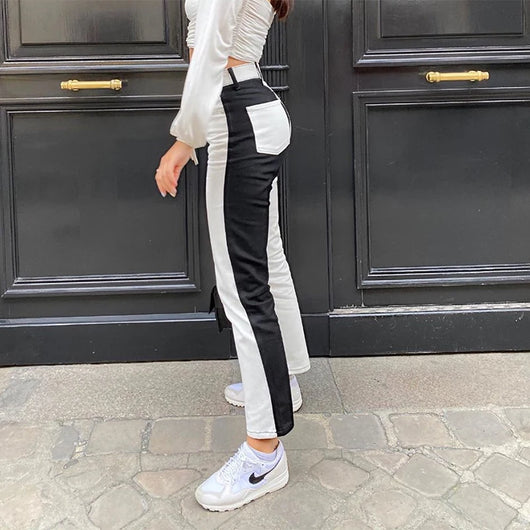 Jeans Talle Alto Patchwork Blanco y Negro para Mujer - Image 10
