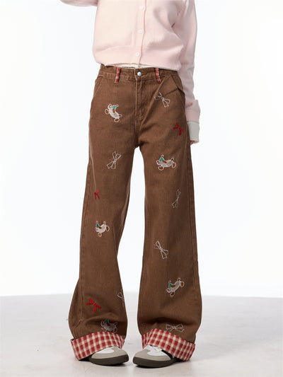 Jeans de Pierna Ancha Cintura Alta con Bordado de Moño Vintage - Image 14