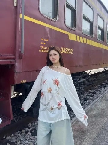 Blusa de Protección Solar con Cuello Ancho y Hombros Descubiertos - Manga Larga para Mujer - Image 12