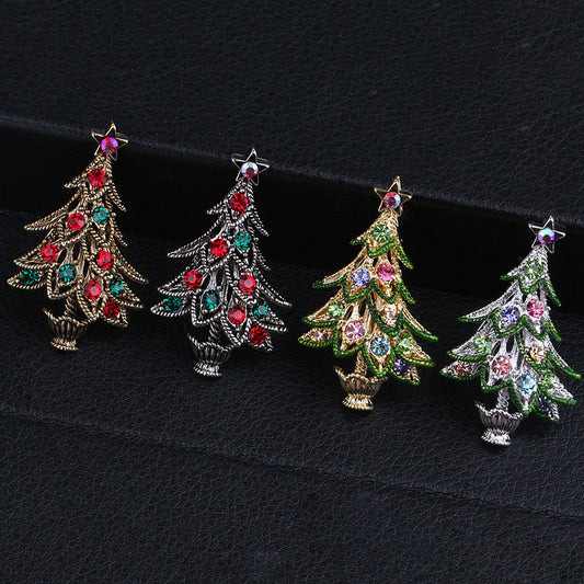 Broche Navideño Árbol Retro con Diamantes