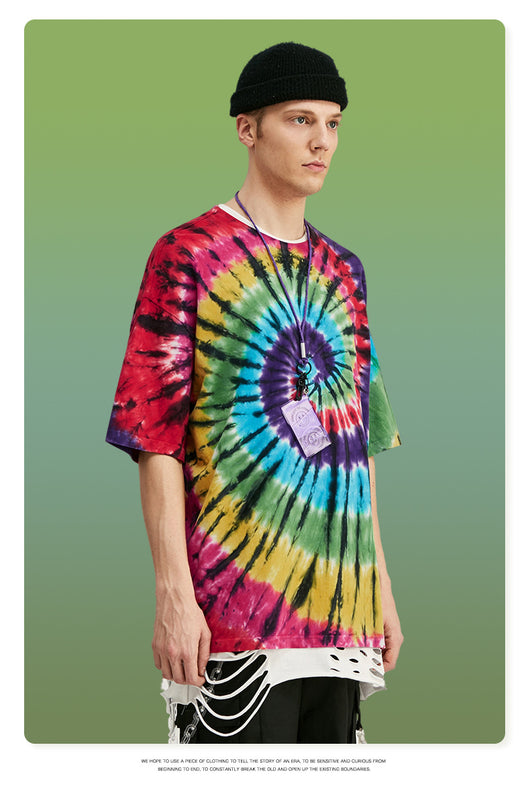 Playera Hombre Espiral Arcoíris Tie-Dye Manga Corta Suelta - Image 11