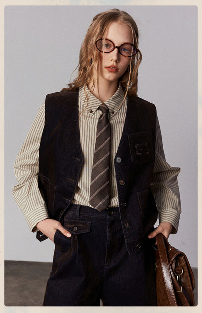 Camisa Clásica Retro Americana con Cuello Solapa y Rayas Bordadas para Mujer - Image 9