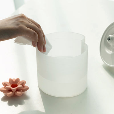 White cylindrical ultrasonic humidifier with a pink lotus flower on top, powered by USB for aromatherapy. - Image 6
