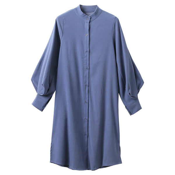 Vestido Camisero con Cuello Alto y Mangas Farol