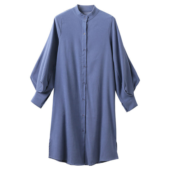 Vestido Camisero con Cuello Alto y Mangas Farol