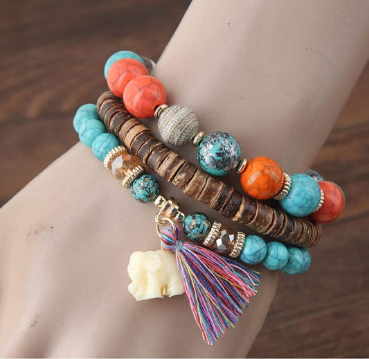 Pulsera Elefante Bebé con Cuentas de Madera y Borlas - Diseño Multicapas
