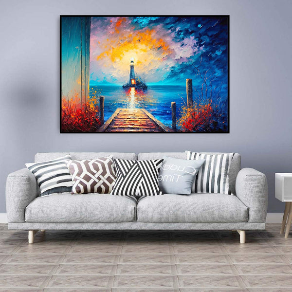 Cuadro Óleo Artesanal Paisaje Marino Faro Abstracto - Decoración Lienzo sin Enmarcar