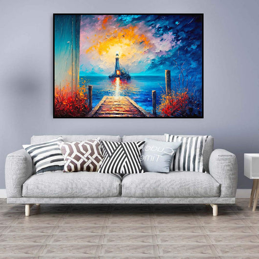 Cuadro Óleo Artesanal Paisaje Marino Faro Abstracto - Decoración Lienzo sin Enmarcar
