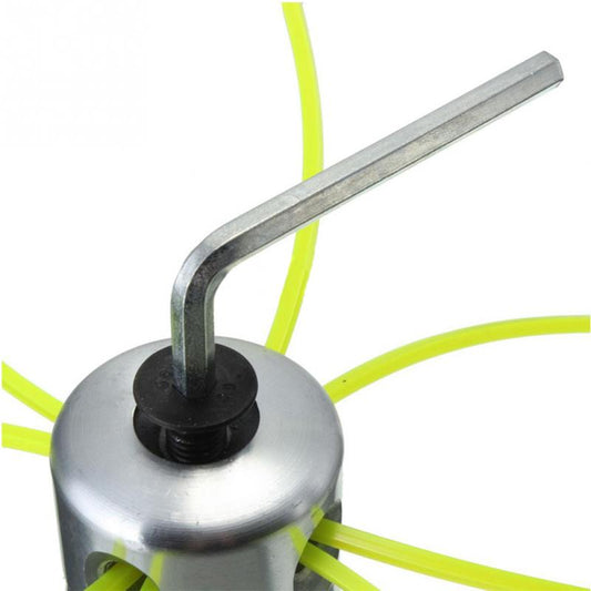 Silver aluminum lawn mower accessory, likely a trimmer head, with multiple holes for grass rope and a central hexagonal screw. - Image 2