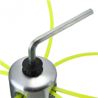 Silver aluminum lawn mower accessory, likely a trimmer head, with multiple holes for grass rope and a central hexagonal screw. - Image 2