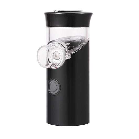 Gray handheld ultrasonic nebulizer with a clear medication chamber and a power button, designed for portable respiratory care. - Image 9